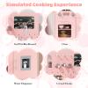 Arlopu Wooden Kids Play Kitchen Set with Blackboard, Realistic Lights & Sounds, Interactive Pretend Kitchen with Stove, Water Dispenser, 6 Pcs Cookware & Chalkboard Panel for Toddlers (Pink) view 4