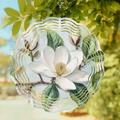 Wind Spinners for Yard Garden, Watercolor Magnolia Flower 3D Stainless Steel Round Hanging Spinners Indoor Outdoor Kinetic Yard Art,10 Inch, Retro Farmhouse Floral Leaf