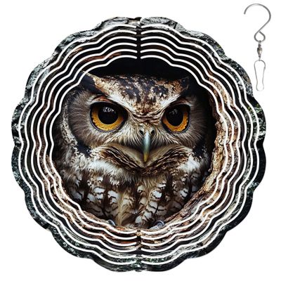 10-Inch Metal Wind Spinner Owl Peering Out from Tree Hollow 3D Bird Wind Spinner, Unique Metal Hanging Kinetic Wind Sculpture Ornament Yard Art Garden Patio Lawn Indoor Outdoor Decor