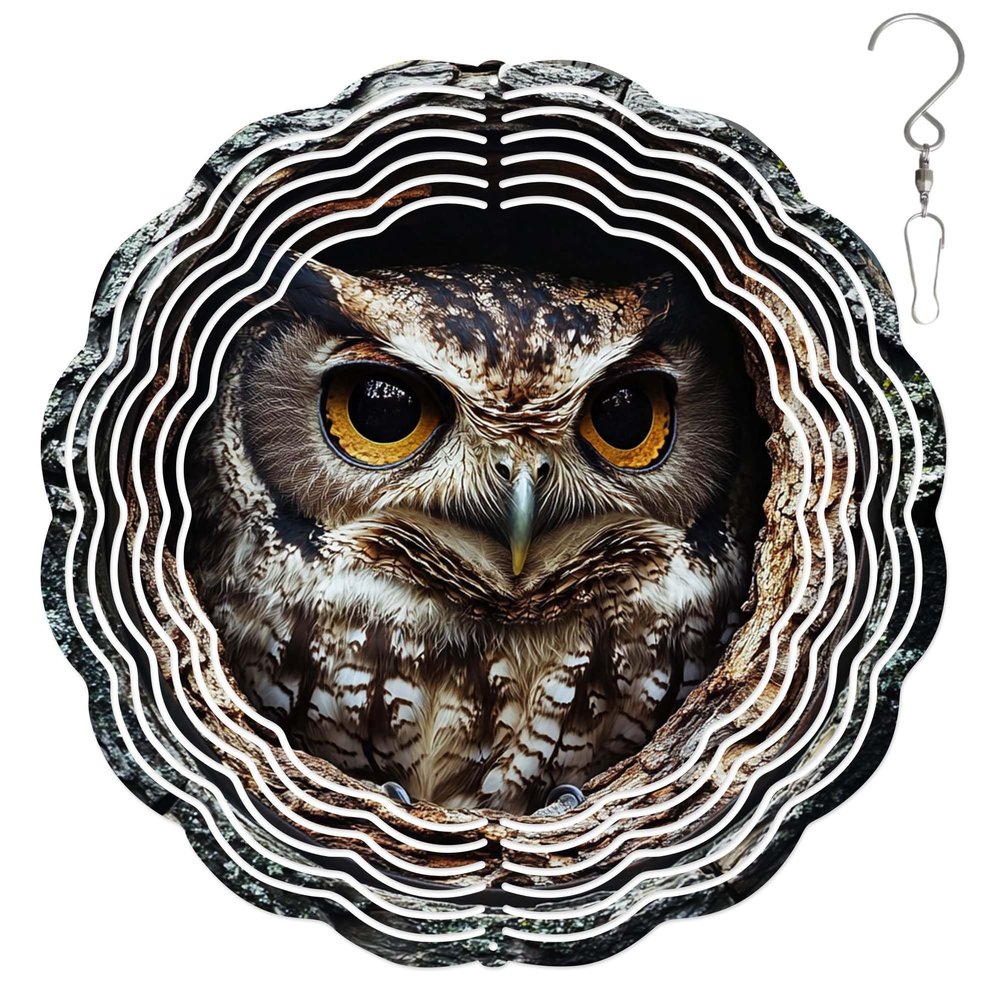 10-Inch Metal Wind Spinner Owl Peering Out from Tree Hollow 3D Bird Wind Spinner, Unique Metal Hanging Kinetic Wind Sculpture Ornament Yard Art Garden Patio Lawn Indoor Outdoor Decor