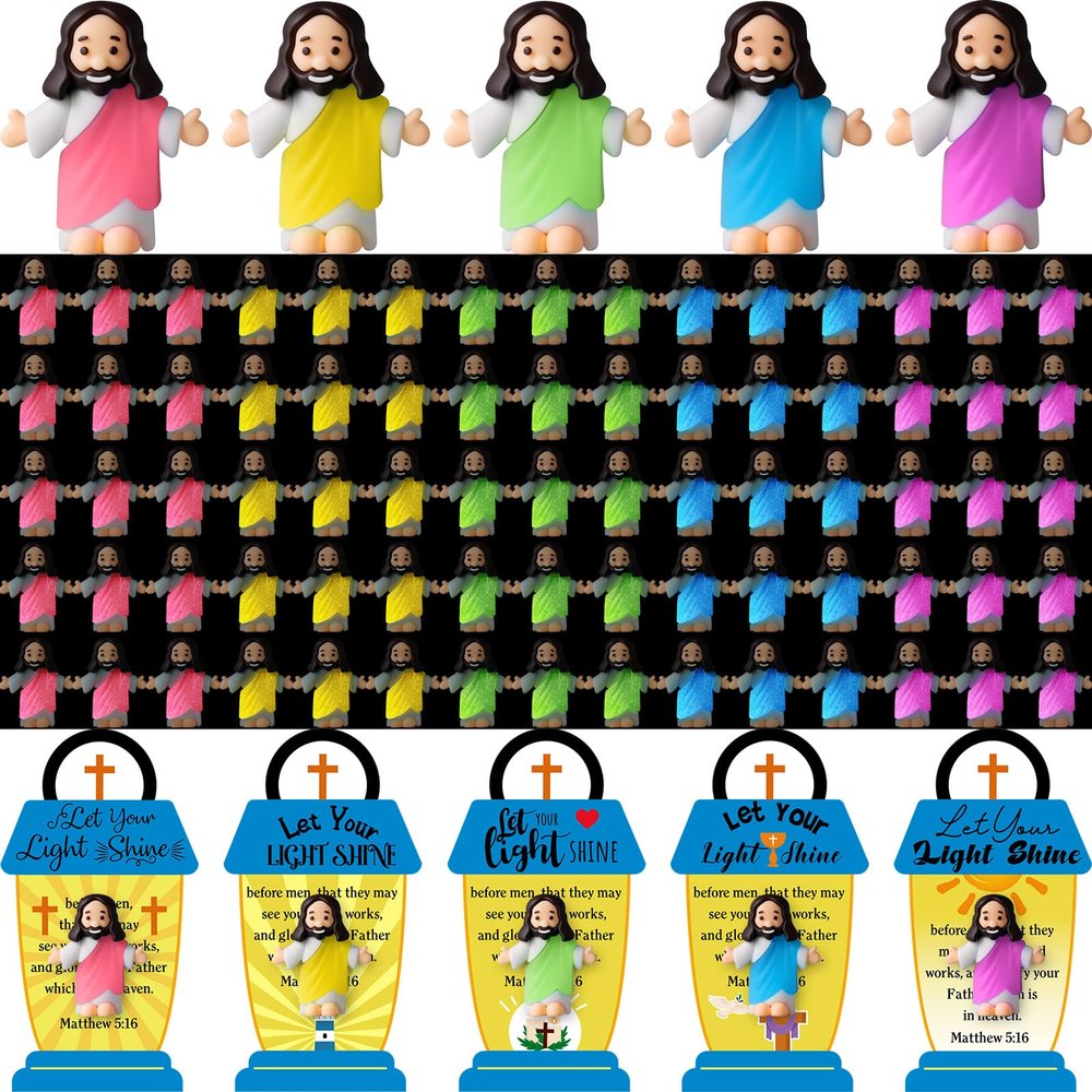 CroBlissful 100 Sets Little Jesus Figures Glow in The Dark with Let Your Light Shine Cards Bulk Easter Basket Stuffers Luminous Mini Jesus Easter Egg Fillers to Hide and Seek (Open Arms;Lantern Card)
