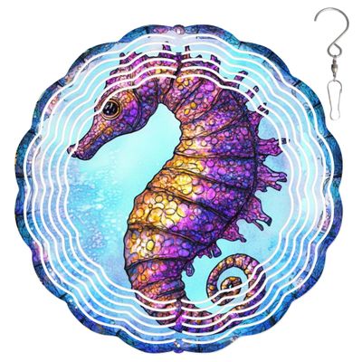 10-Inch Metal Wind Spinner Purple-and-Gold Seahorse 3D Marine Life Wind Spinner, Unique Metal Hanging Kinetic Wind Sculpture Ornament Yard Art Garden Patio Lawn Indoor Outdoor Decor