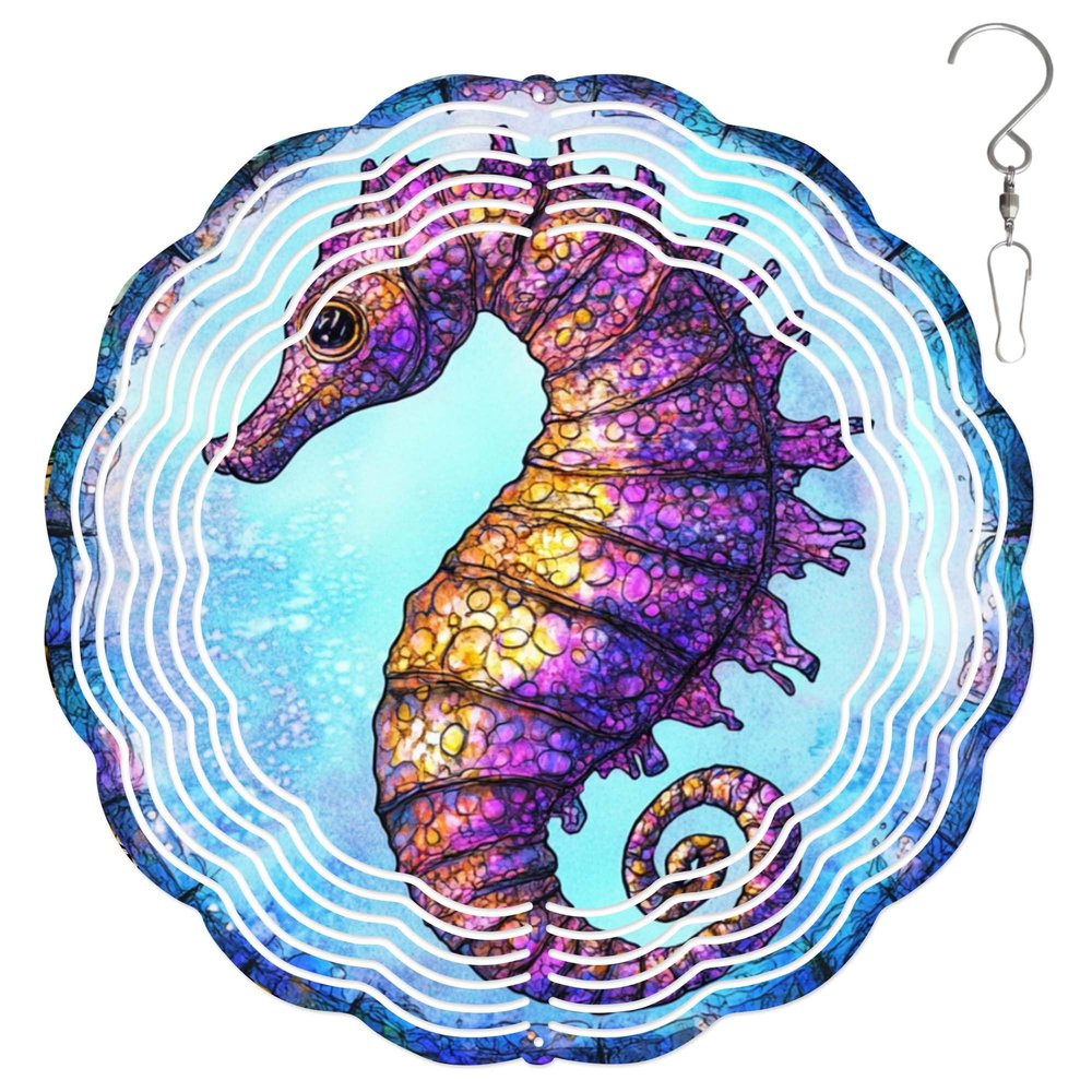 10-Inch Metal Wind Spinner Purple-and-Gold Seahorse 3D Marine Life Wind Spinner, Unique Metal Hanging Kinetic Wind Sculpture Ornament Yard Art Garden Patio Lawn Indoor Outdoor Decor
