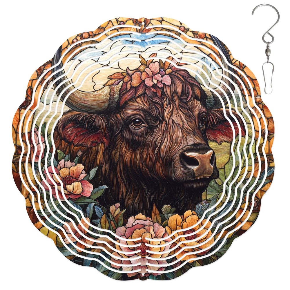 10-Inch Metal Wind Spinner Highland Cow with Flowers 3D Animal Wind Spinner, Unique Metal Hanging Kinetic Wind Sculpture Ornament Gifts for Women Yard Art Garden Patio Lawn Indoor Outdoor Decor