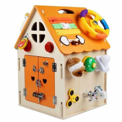 Montessori Wooden Busy House,Solid Wood,Safe&Non-Toxic,Cultivate Practical and Logical Thinking Ability,Life and Fine Motor Skills,Wooden Busy House for Toddlers,Christmas Birthday Gift (Orange)