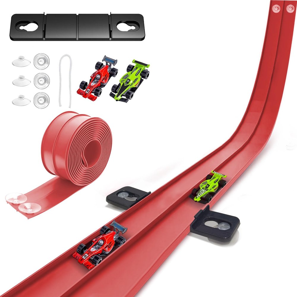 15 Ft Flexible Race Track for Kids, Two-Lane Flex Track for 1:64 Diecast Cars Toys, Includes 2 Cars & 6 Suction Cups & 1 Rope, Portable Design, Birthday Gift for Boys & Girls Ages 3-8