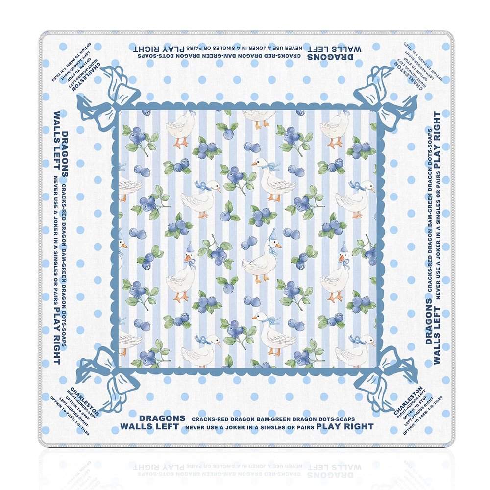 OHDCE Coquette Blue Bow Goose Mahjong Mat 31.5 x 31.5 in, Blueberry Blue and White Polka Dots Anti-Slip Noise-Reducing Mahjong Mat for Table Board, Games Tile Games, Poker and Cards