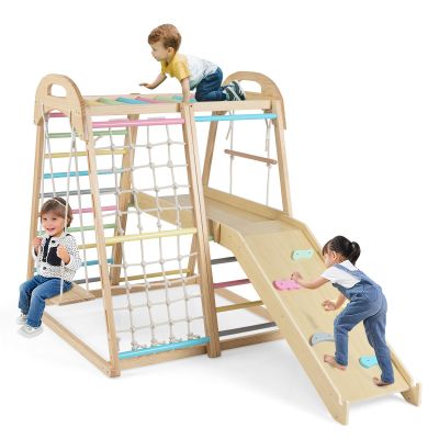 HONEY JOY Kids Indoor Jungle Gym, 8-in-1 Toddler Climbing Toy w/Slide, Swing, Monkey Bar, Ladder, Climbing Ramp, Resting Platform, Wooden Montessori Playground Playset for Kids Aged 3-5 (Colorful)