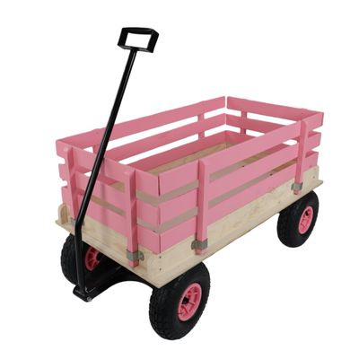 Heavy Duty Steel Wooden Garden Utility Wagon with 10 All-Terrain Air Tires, Heavy-Duty Toy Hauling Cart with Foldable Handle, Kids Outdoor Play Wagon & Yard Tool Carrier (Pink)
