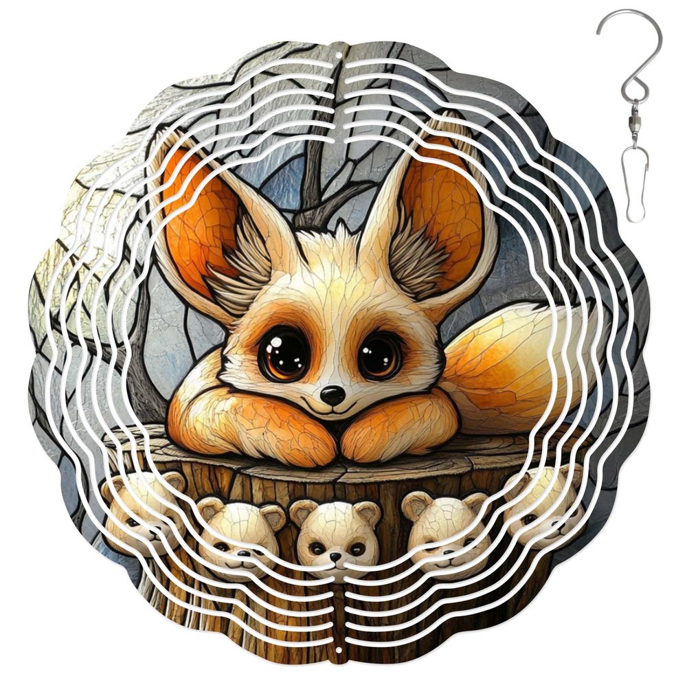 10-Inch Metal Wind Spinner Fennec Fox on Tree Stump 3D Wildlife Wind Spinner, Unique Metal Hanging Kinetic Wind Sculpture Ornament Gifts for Women Yard Art Garden Patio Lawn Indoor Outdoor Decor (1)