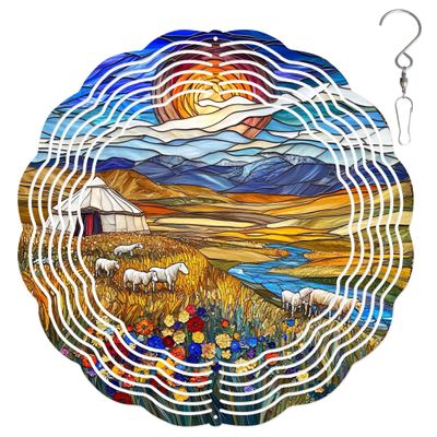 10-Inch Metal Wind Spinner Yurt in Golden Meadow 3D Wind Spinner, Unique Metal Hanging Kinetic Wind Sculpture Ornament Gifts for Women Yard Art Garden Patio Lawn Indoor Outdoor Decor