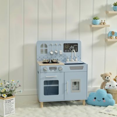 Arlopu Wooden Kids Play Kitchen Set with Blackboard, Realistic Lights & Sounds, Interactive Pretend Kitchen with Stove, Water Dispenser, 6 Pcs Cookware & Chalkboard Panel for Toddlers (Blue)