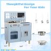 Arlopu Wooden Kids Play Kitchen Set with Blackboard, Realistic Lights & Sounds, Interactive Pretend Kitchen with Stove, Water Dispenser, 6 Pcs Cookware & Chalkboard Panel for Toddlers (Blue) view 2