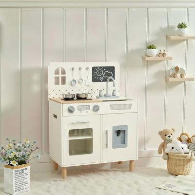 Arlopu Wooden Kids Play Kitchen Set with Blackboard, Realistic Lights & Sounds, Interactive Pretend Kitchen with Stove, Water Dispenser, 6 Pcs Cookware & Chalkboard Panel for Toddlers (Cream)