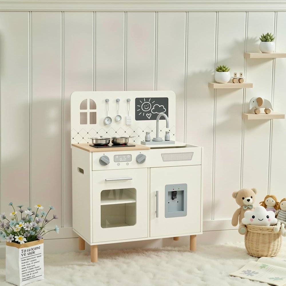Arlopu Wooden Kids Play Kitchen Set with Blackboard, Realistic Lights & Sounds, Interactive Pretend Kitchen with Stove, Water Dispenser, 6 Pcs Cookware & Chalkboard Panel for Toddlers (Cream)