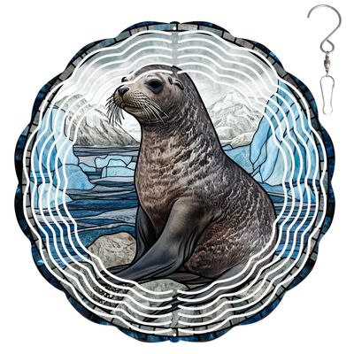 10-Inch Metal Wind Spinner Seal in ICY Land 3D Animal Wind Spinner, Unique Metal Hanging Kinetic Wind Sculpture Ornament Gifts for Women Yard Art Garden Patio Lawn Indoor Outdoor Decor