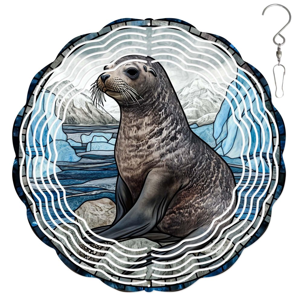 10-Inch Metal Wind Spinner Seal in ICY Land 3D Animal Wind Spinner, Unique Metal Hanging Kinetic Wind Sculpture Ornament Gifts for Women Yard Art Garden Patio Lawn Indoor Outdoor Decor
