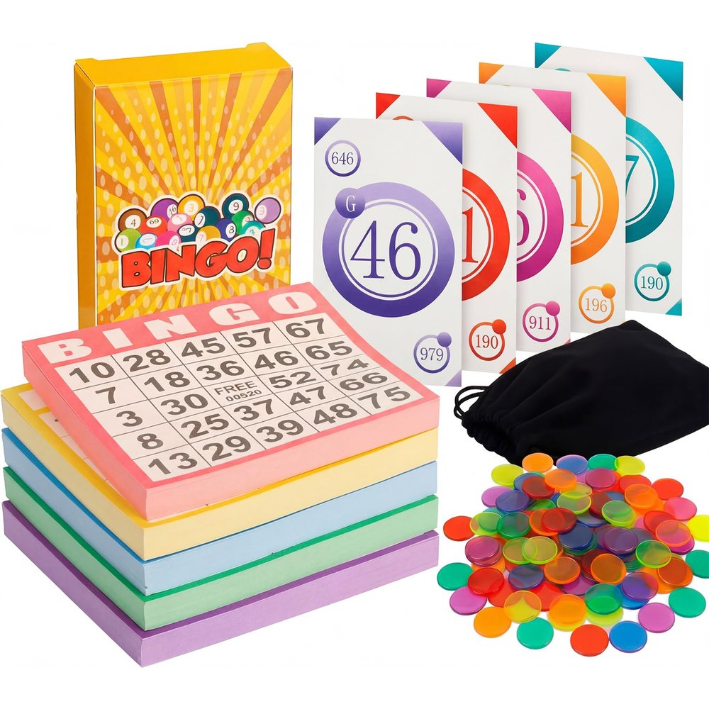 JolliLudo Complete Bingo Card Game Set, 500 Bingo Cards, 1000 Colorful Chips, 75 Calling-Cards with Storage Bag Kit Bulk for Adults Large Groups Family Game Nights Parties Gatherings Activities