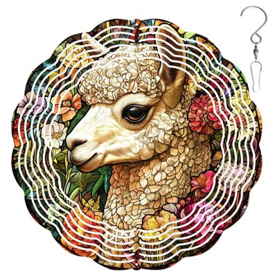 10-Inch Metal Wind Spinner Alpaca Surrounded by Flowers 3D Wildlife Wind Spinner, Unique Metal Hanging Kinetic Wind Sculpture Ornament Gifts for Women Yard Art Garden Patio Lawn Indoor Outdoor Decor