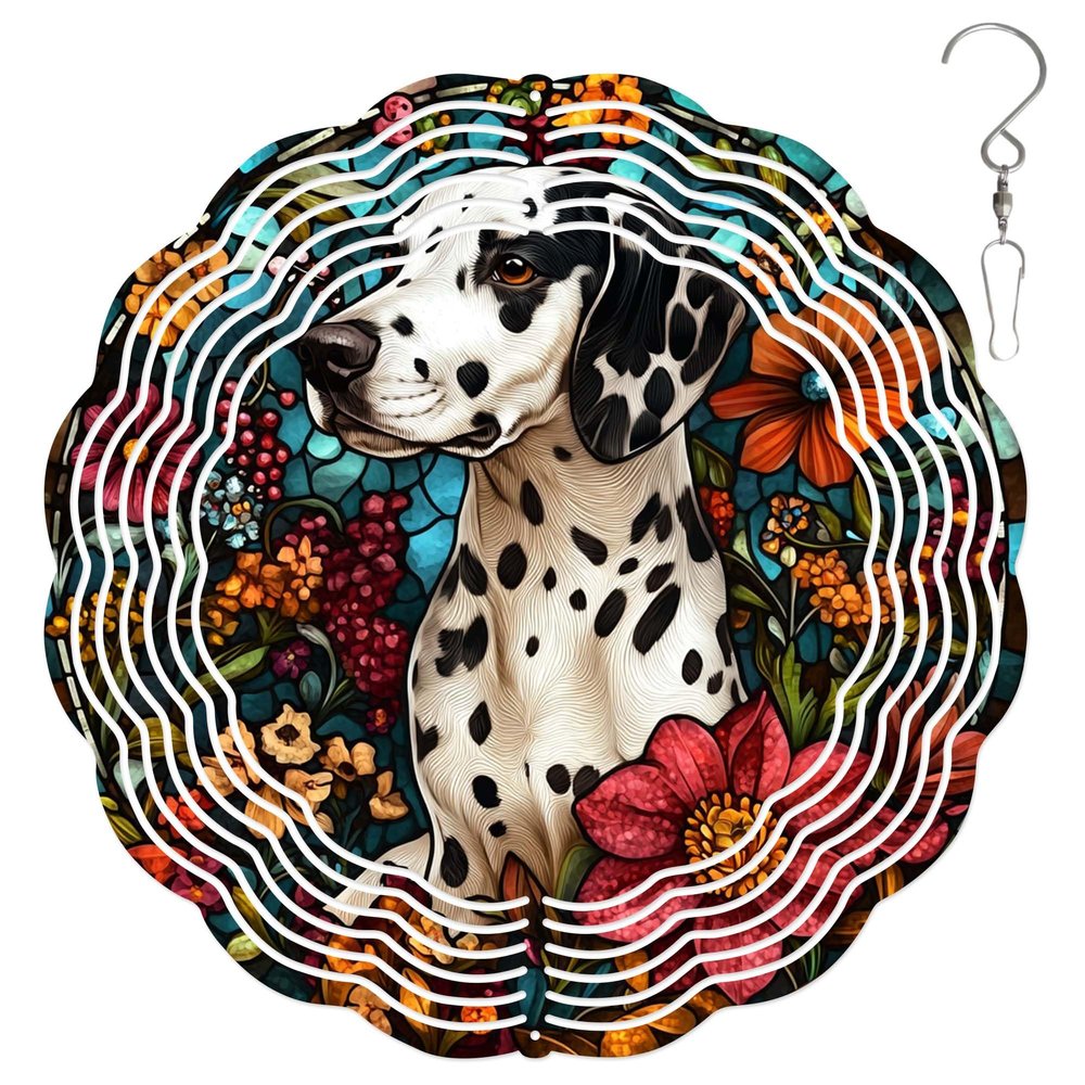 10-Inch Metal Wind Spinner Dalmatian Surrounded by Flowers 3D Dog Wind Spinner, Unique Metal Hanging Kinetic Wind Sculpture Ornament Yard Art Garden Patio Lawn Indoor Outdoor Decor (2)