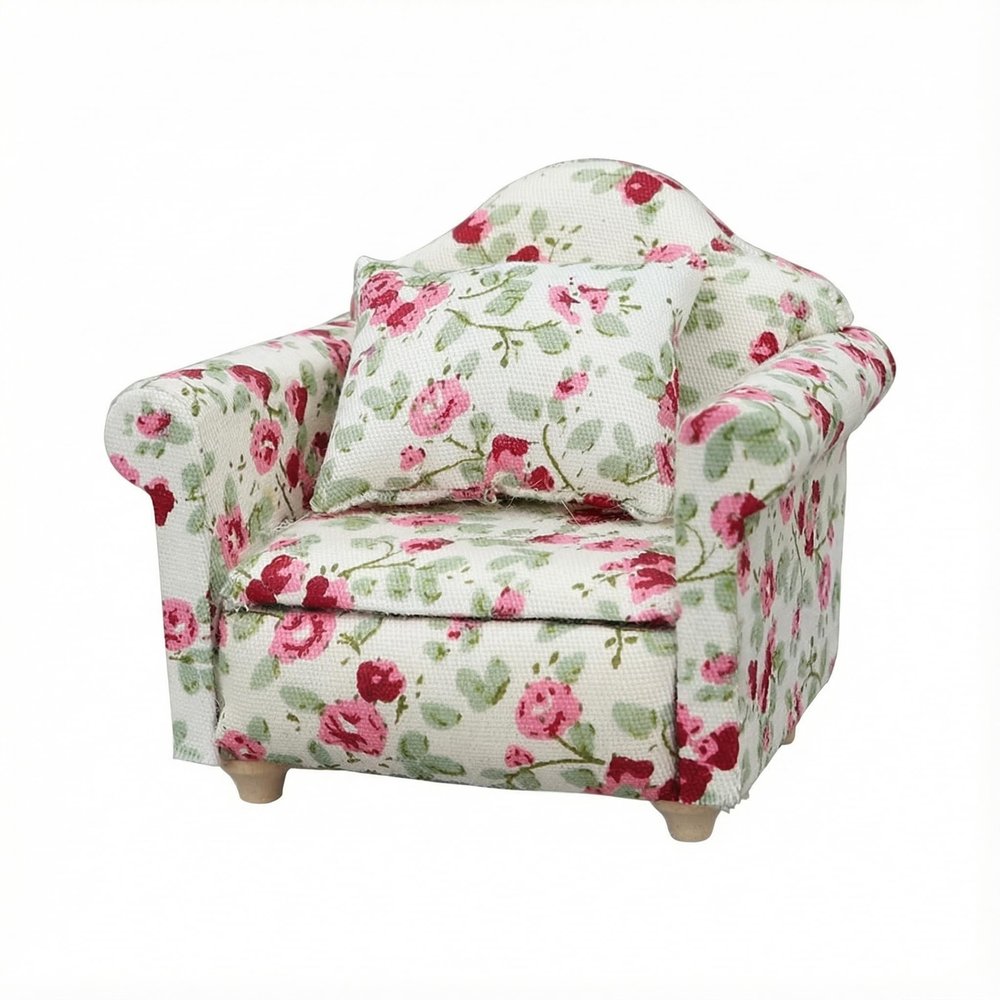 1:12 Scale Miniature Wooden Floral Pattern Single Seater Sofa for Barbie Dollhouse Decoration and Playset