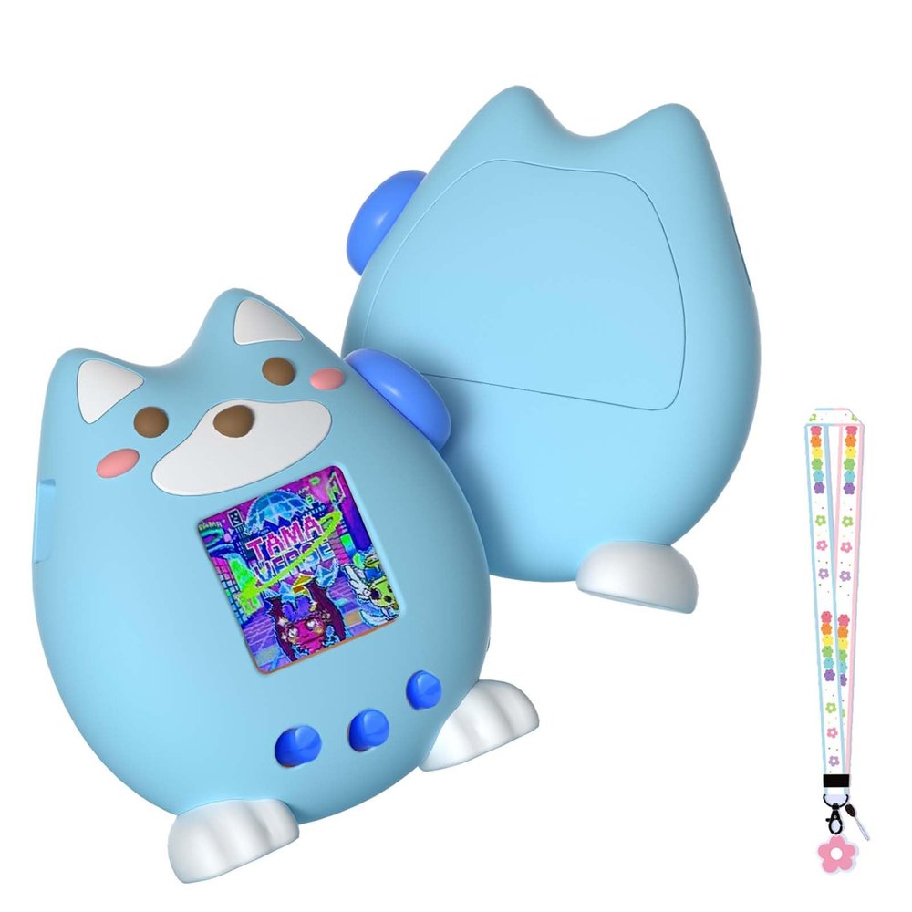 for Tamagotchi Paradise Cartoon Dog Soft Silicone Case with Flower Series Lanyard,360-degree Full Protective Case Cover with Tamagotchi Paradise, Scratch Shock ProtectionBlue