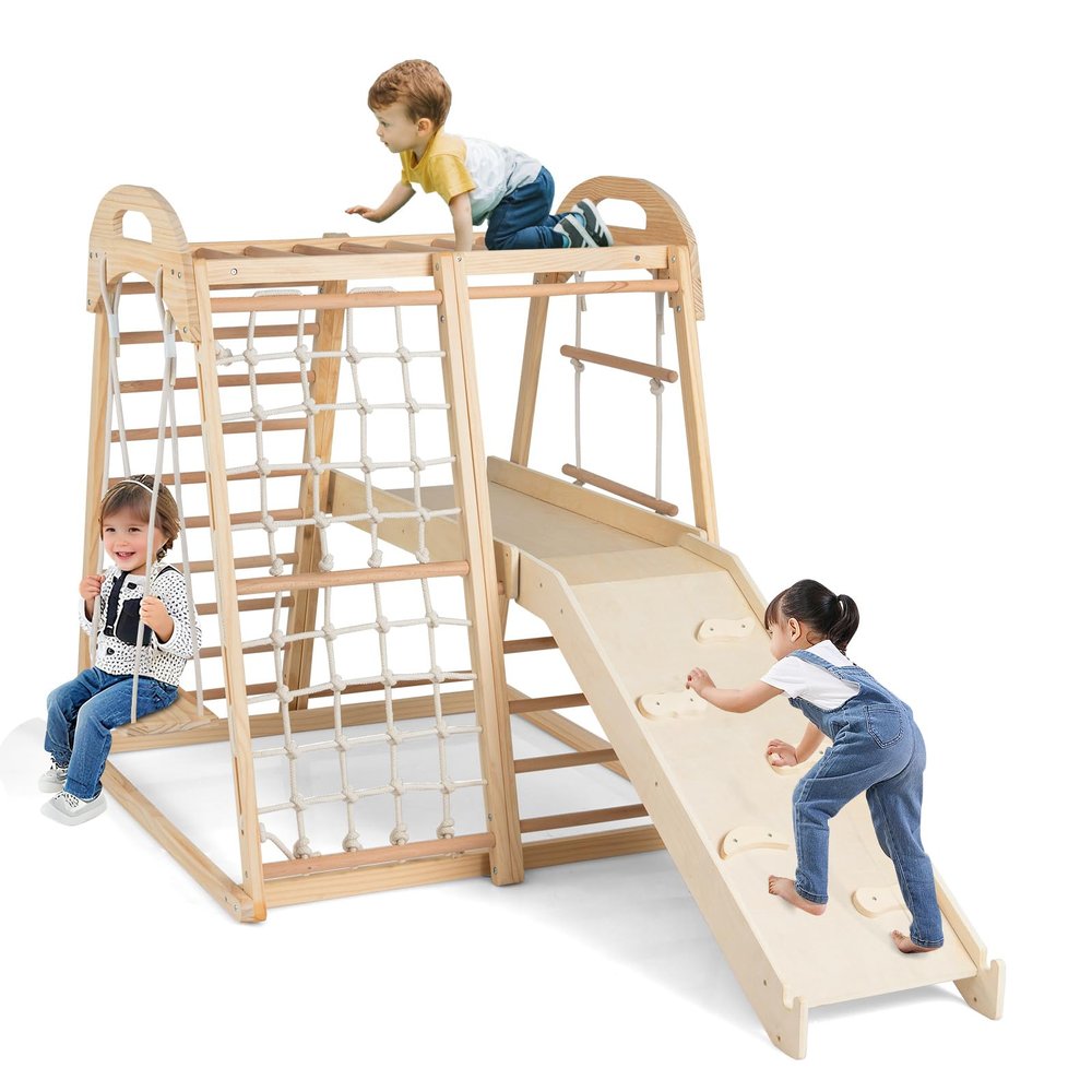 HONEY JOY Kids Indoor Jungle Gym, 8-in-1 Toddler Climbing Toy w/Slide, Swing, Monkey Bar, Ladder, Climbing Ramp, Resting Platform, Wooden Montessori Playground Playset for Kids Aged 3-5 (Natural)