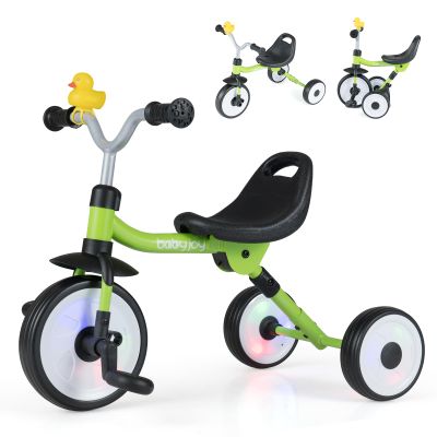 HONEY JOY Tricycle, Folding Kids Trike 3 Wheel Bike w/Light up Wheels, Flag, Duck, Adjustable Seat, Removable Pedals & Storage Basket, Toddler Tricycle for 1-3 Years Old Boys Girls (Green)