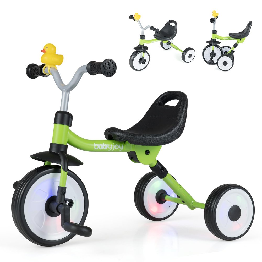HONEY JOY Tricycle, Folding Kids Trike 3 Wheel Bike w/Light up Wheels, Flag, Duck, Adjustable Seat, Removable Pedals & Storage Basket, Toddler Tricycle for 1-3 Years Old Boys Girls (Green)
