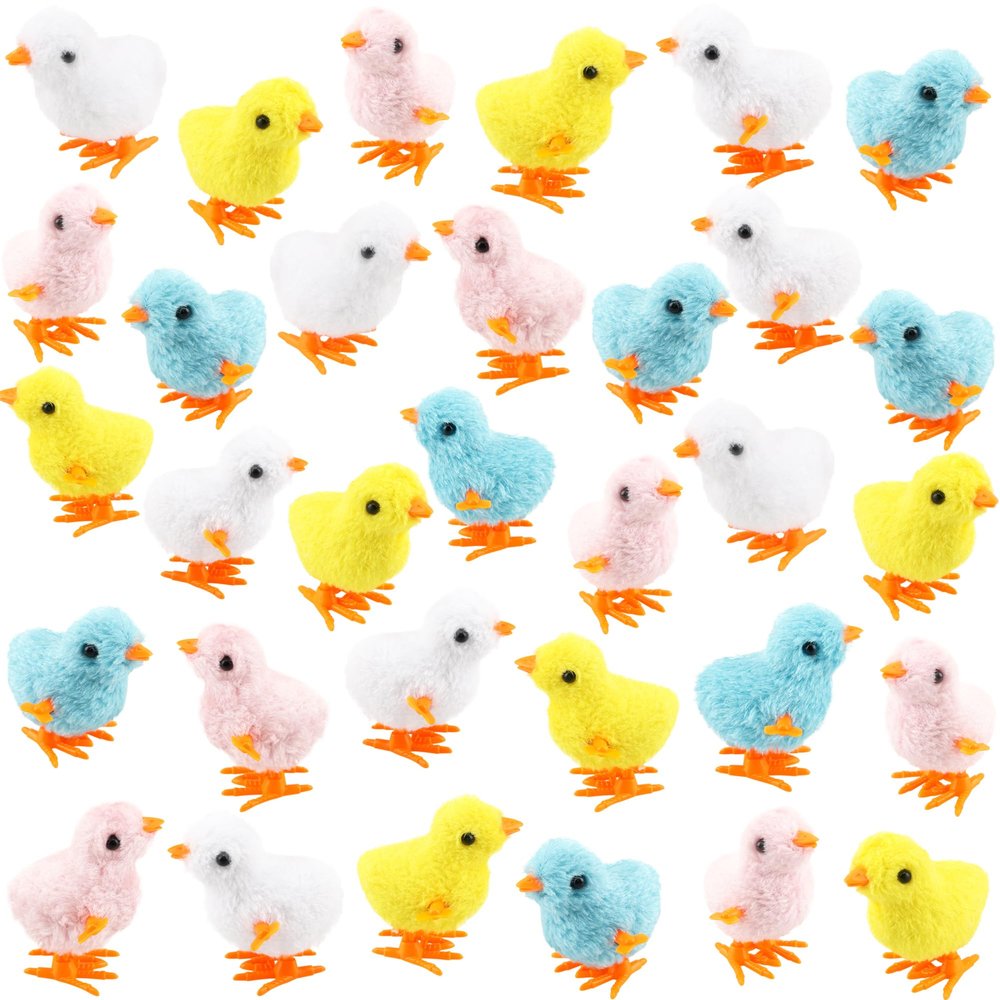 Cagemoga 36 Pcs Wind-Up Easter Chicks Toys Novelty Plush Jumping Chicken for Easter Egg Hunt Basket Stuffers Party Favors, 4 Colors