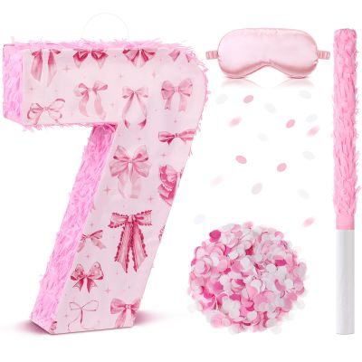 JolliLudo 16 Inch Pink Bow Piata Pink Bow Birthday Decorations with Bat Blindfold Confetti and Beating Stick for Girls Piata Coquette Theme Party Anniversary Celebration Supplies(Number 7)