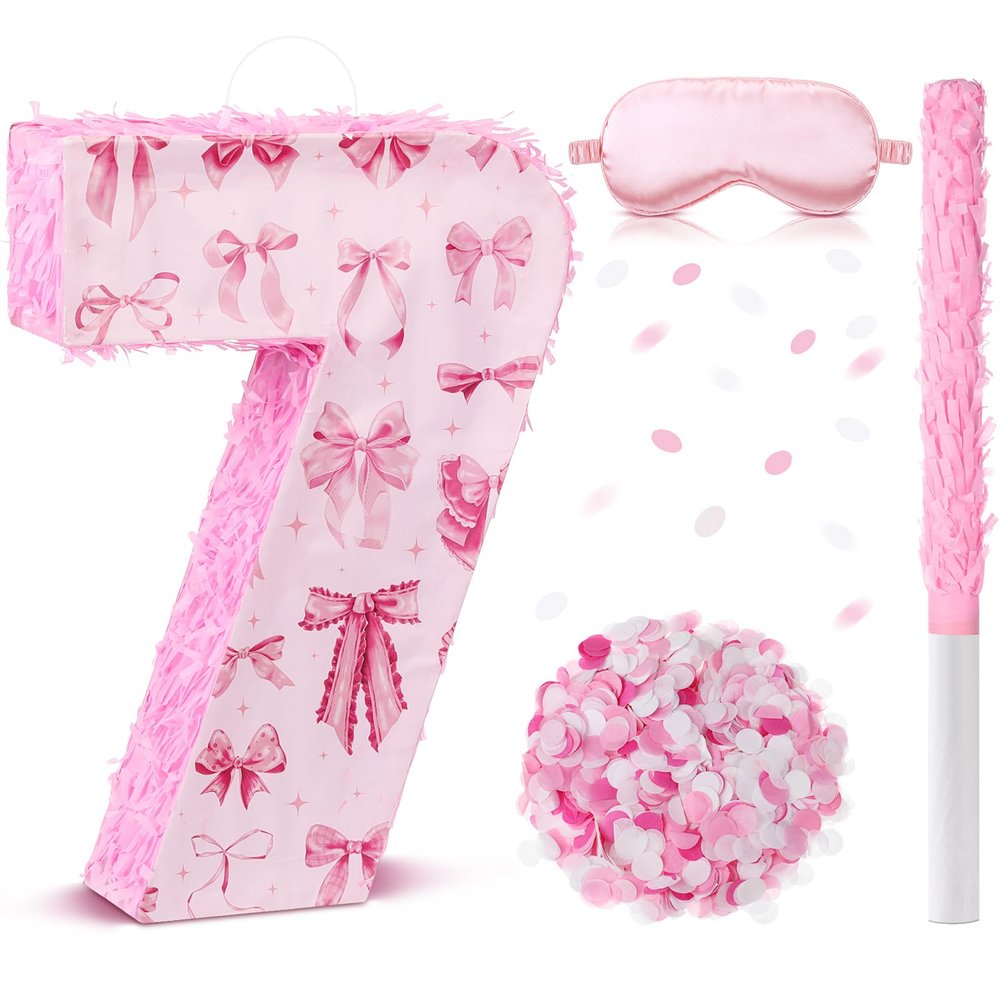 JolliLudo 16 Inch Pink Bow Piata Pink Bow Birthday Decorations with Bat Blindfold Confetti and Beating Stick for Girls Piata Coquette Theme Party Anniversary Celebration Supplies(Number 7)