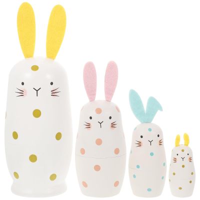 Kisangel Four-Layer Bunny Design Wood Nesting Dolls Set, Russian Wooden Nesting Doll for Easter Party Decor, Children Plaything, and Home Decoration