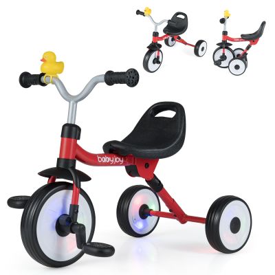 HONEY JOY Tricycle, Folding Kids Trike 3 Wheel Bike w/Light up Wheels, Flag, Duck, Adjustable Seat, Removable Pedals & Storage Basket, Toddler Tricycle for 1-3 Years Old Boys Girls (Red)