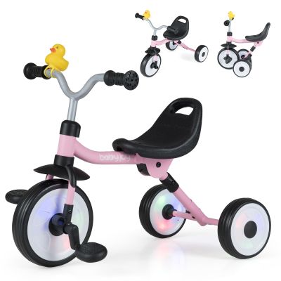 HONEY JOY Tricycle, Folding Kids Trike 3 Wheel Bike w/Light up Wheels, Flag, Duck, Adjustable Seat, Removable Pedals & Storage Basket, Toddler Tricycle for 1-3 Years Old Boys Girls (Pink)
