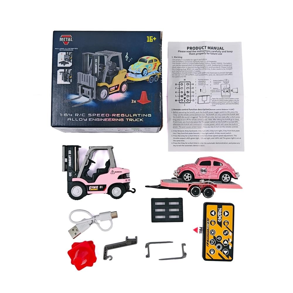 1:64 Scale Remote Control Forklift with Trailer, 2.4G Three-Speed Alloy RC Forklift Crane Set with Lights and Sound, Adult Collectible Construction Vehicle Model HG4-244