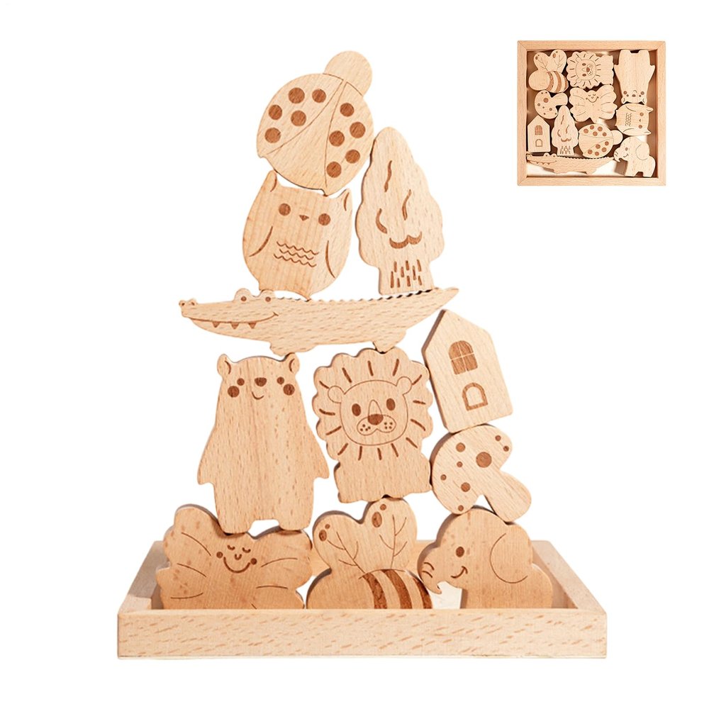 Stacking Games for Kids  Wooden 18x18x1.7cm | Building Block Stacking Board Game, Educational Wooden Fun Animal Board Game, Large Blocks to Develop Focus and Hand-Eye Coordination for Children