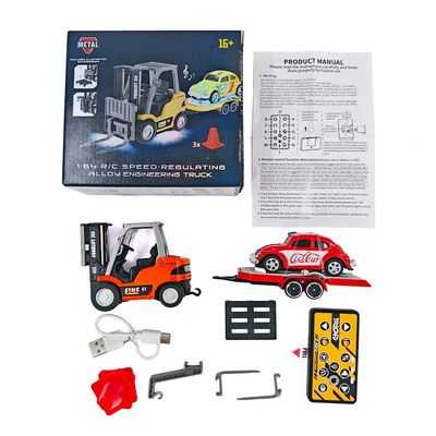 1:64 Scale Remote Control Forklift with Trailer, 2.4G Three-Speed Alloy RC Forklift Crane Set with Lights and Sound, Adult Collectible Construction Vehicle Model HG4-244