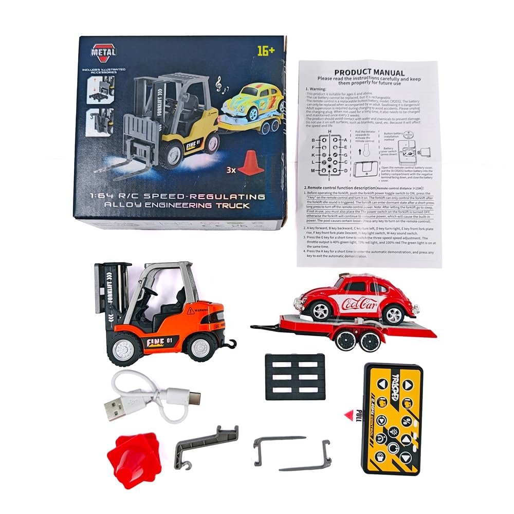 1:64 Scale Remote Control Forklift with Trailer, 2.4G Three-Speed Alloy RC Forklift Crane Set with Lights and Sound, Adult Collectible Construction Vehicle Model HG4-244