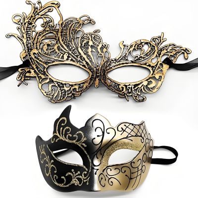 AMWYODK 2 Pack Couple masquerade mask set, masquerade mask men Venetian mask, thickened lace mask, Halloween, carnival, carnival mask (GOLD)