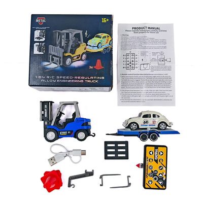 1:64 Scale Remote Control Forklift with Trailer, 2.4G Three-Speed Alloy RC Forklift Crane Set with Lights and Sound, Adult Collectible Construction Vehicle Model HG4-244