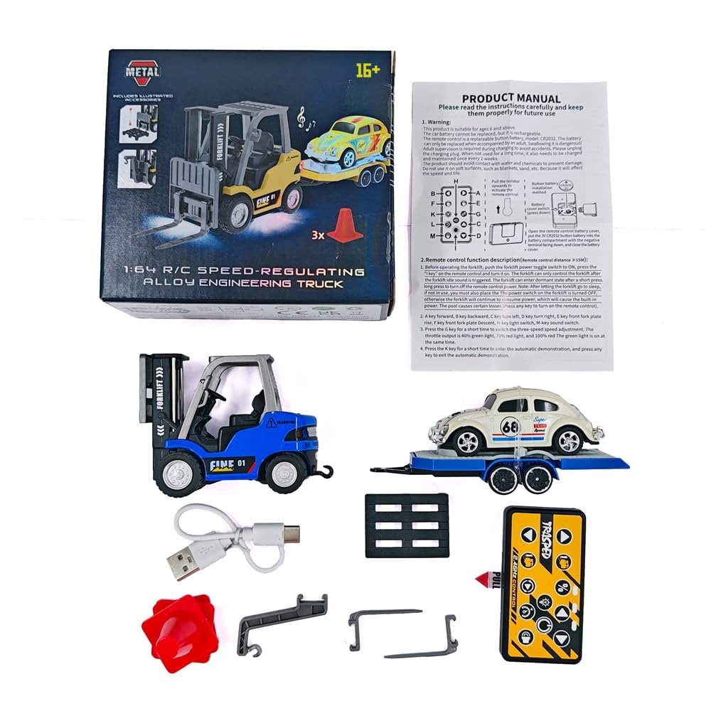 1:64 Scale Remote Control Forklift with Trailer, 2.4G Three-Speed Alloy RC Forklift Crane Set with Lights and Sound, Adult Collectible Construction Vehicle Model HG4-244