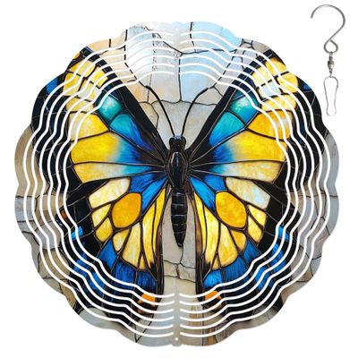 10-Inch Metal Wind Spinner Butterfly with Blue-and-Yellow Wings 3D Insect Wind Spinner, Unique Metal Hanging Kinetic Wind Sculpture Ornament Yard Art Garden Patio Lawn Indoor Outdoor Decor