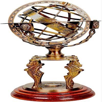 Premium Brass Armillary Sphere with Wooden Base Large Antique Astronomical Globe | Zodiac Engraved Celestial Model | Vintage Home & Office Decor