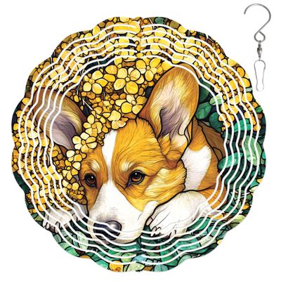 10-Inch Metal Wind Spinner Corgi with Yellow Osmanthus 3D Dog Wind Spinner, Unique Metal Hanging Kinetic Wind Sculpture Ornament Gifts for Pet Lovers Yard Art Garden Patio Lawn Indoor Outdoor Decor
