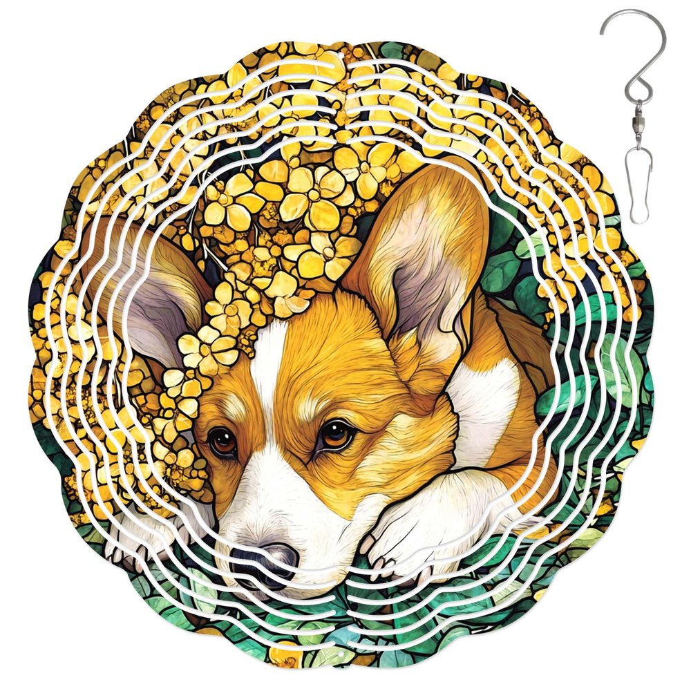 10-Inch Metal Wind Spinner Corgi with Yellow Osmanthus 3D Dog Wind Spinner, Unique Metal Hanging Kinetic Wind Sculpture Ornament Gifts for Pet Lovers Yard Art Garden Patio Lawn Indoor Outdoor Decor