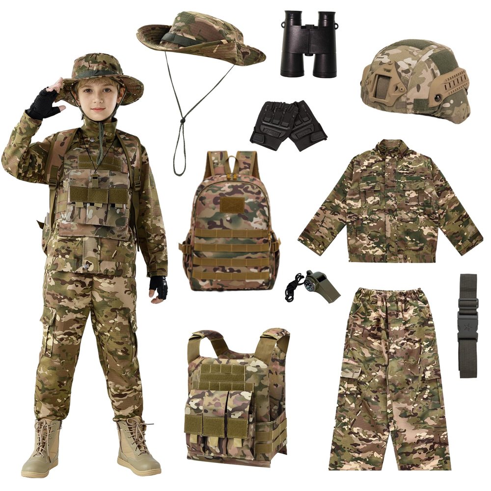 Aandgcg Army Costume for Boys, Kids Military Costume, Soldier DressUp with Accessories for Halloween Roleplay (CP- camouflage, size/7-8)