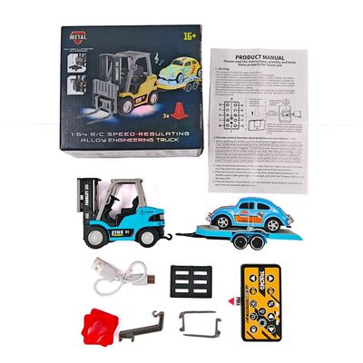 1:64 Scale Remote Control Forklift with Trailer, 2.4G Three-Speed Alloy RC Forklift Crane Set with Lights and Sound, Adult Collectible Construction Vehicle Model HG4-244