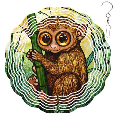 10-Inch Metal Wind Spinner Tarsier on Bamboo Stalk 3D Wildlife Wind Spinner, Unique Metal Hanging Kinetic Wind Sculpture Ornament Gifts for Animal Lovers Yard Garden Patio Lawn Indoor Outdoor Decor