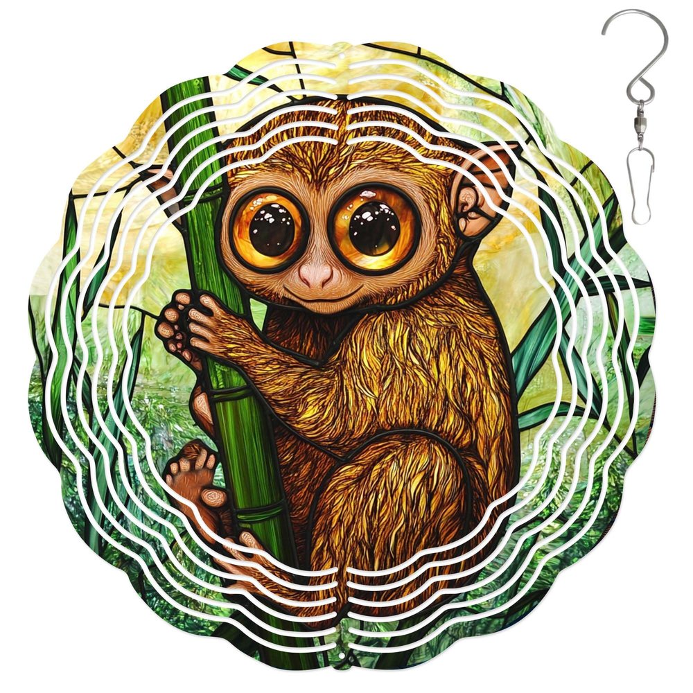 10-Inch Metal Wind Spinner Tarsier on Bamboo Stalk 3D Wildlife Wind Spinner, Unique Metal Hanging Kinetic Wind Sculpture Ornament Gifts for Animal Lovers Yard Garden Patio Lawn Indoor Outdoor Decor